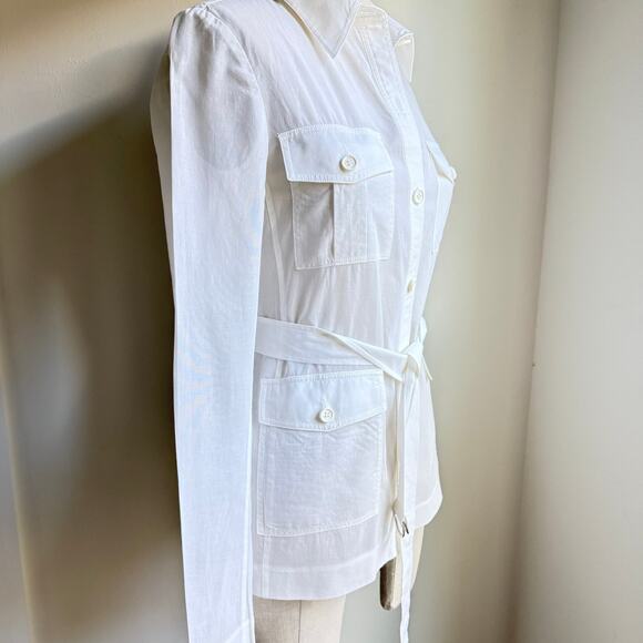 Theory White Sheer Cotton Belted Safari Shirt Jacket Women’s XS - Picture 2 of 8